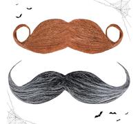 2-Piece Fake Beard & Mustache Set - Self-Adhesive Handlebar & Old Man Detective Style - Costume Facial Hair for Halloween, Christmas, Fiesta, Masquerade Parties