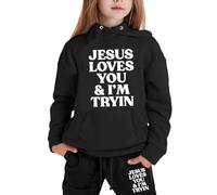 2 Piece Fall Track Suits Hoodie for Girls Jesus Loves You and I'M Trying Cozy Children Tracksuit Sets Sweatsuit Sets Long Sleeve Christian Hooded Active Sweat Pants Outfits Travel