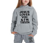 2 Piece Fall Track Suits Hoodie for Girls Jesus Loves You and I'M Trying Cozy Children Tracksuit Sets Sweatsuit Sets Long Sleeve Christian Hooded Active Sweat Pants Outfits Travel