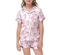 2 Piece Floral Pajamas Set for Kids Short Sleeve Cute Bow Pajamas Y2k Silk 2 Piece Printed Preppy Pjs Shorts Set Boys and Girls Button Pajamas Shorts Sets Soft Age 2-13