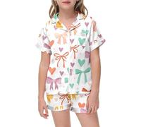 2 Piece Floral Pajamas Set for Kids Short Sleeve Cute Bow Pajamas Y2k Silk 2 Piece Printed Preppy Pjs Shorts Set Boys and Girls Button Pajamas Shorts Sets Soft Age 2-13