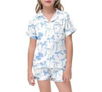 2 Piece Floral Pajamas Set for Kids Short Sleeve Cute Bow Pajamas Y2k Silk 2 Piece Printed Preppy Pjs Shorts Set Boys and Girls Button Pajamas Shorts Sets Soft Age 2-13