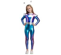2-Piece Girls Cosplay Costume Kids Alien Costume Set Metallic Jumpsuit & Antenna Headband Full Body Suit Metallic Overall Astronaut Alien Robot Sparkly Outfit for Halloween Carnival Party