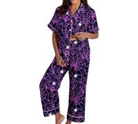 2 Piece Halloween Satin Pajamas Women Short Sleeve Button Top and Pants | Halloween Pajamas Set,Fall Pjs,Plus Size,Fall Cute Ghost Pumpkin Print,Sleeve Button Top and Pants Matching Sleepwear