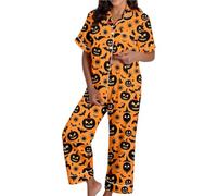 2 Piece Halloween Satin Pajamas Women Short Sleeve Button Top and Pants | Halloween Pajamas Set,Fall Pjs,Plus Size,Fall Cute Ghost Pumpkin Print,Sleeve Button Top and Pants Matching Sleepwear