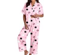 2 Piece Halloween Satin Pajamas Women Short Sleeve Button Top and Pants | Halloween Pajamas Set,Fall Pjs,Plus Size,Fall Cute Ghost Pumpkin Print,Sleeve Button Top and Pants Matching Sleepwear