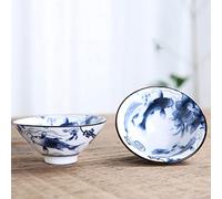 2 Piece Hand-Painted Ceramic Tea Bowl Retro Blue and White Porcelain Cone Teacup Anti Scaling for Travel and Meditation