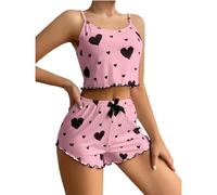 2 Piece Heart Pjama Set Women Summer Cami Tops and Drawstring Shorts Pj Sets Elegant Crop Ribbed Tank Top Pyjamas Sleepwear Nightwear Ladies Comfy Soft Loungewear Homewear