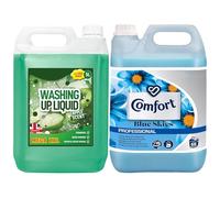 2 Piece Household Cleaning Bundle Giftset - Comfort Blue Skies Fabric Conditioner Softener 5L & Flow Washing Up Liquid 5L - Long-Lasting Freshness - Ideal for Home & Laundry