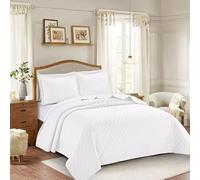 2 Piece Inspiration Quilted Bedspread Embossed Pattern Comforter Bedding Set Bed Throw with Pillow Case (White, Single)