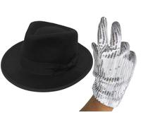 2 Piece Jacko Pop Star Costume Accessories Set Black Fedora Hat Silver Sequin Glove 58cm Head Size Fancy Dress King of Pop Party Movie Outfit for Adults