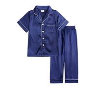 2 Piece Kids Silk Satin Pyjamas Set Solid Button-Down Sleepwear Loungewear Girls Short Sleeve Tops+Pants with Pocket Pajamas Set Satin Kids Short Sleeves Sleepwear (Blue, 2-3 Years)