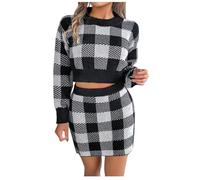 2 Piece Knitted Set Sale Clearance UK Women Co Ord Sets Casual Long Sleeve Pullover Cropped Tops and Mini Skirts Sets Tracksuit Full Set Elegant Plaid Checked Sweater Sets