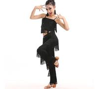 2 Piece Latin Dance Outfits For Girls,Camisole Tassels Fringe,Ballroom Dance Costume Set,Tango Salsa Practice Pants,Latin Salsa Ballroom Costumes,Tassel Pants,Suit Practice Clothes,150,Black