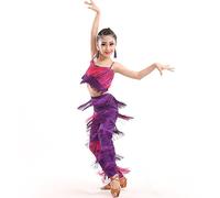 2 Piece Latin Dance Outfits For Girls,Camisole Tassels Fringe,Ballroom Dance Costume Set,Tango Salsa Practice Pants,Latin Salsa Ballroom Costumes,Tassel Pants,Suit Practice Clothes,140, Purple and Red