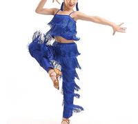 2 Piece Latin Dance Outfits For Girls,Camisole Tassels Fringe,Ballroom Dance Costume Set,Tango Salsa Practice Pants,Latin Salsa Ballroom Costumes,Tassel Pants,Suit Practice Clothes,120, Blue