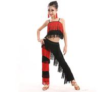 2 Piece Latin Dance Outfits For Girls,Camisole Tassels Fringe,Ballroom Dance Costume Set,Tango Salsa Practice Pants,Latin Salsa Ballroom Costumes,Tassel Pants,Suit Practice Clothes,150, Red-Black