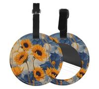 2 Piece Leather Suitcase Tags with Privacy Cover ID Label Travel Accessories Luggage Must Haves for Travel Bag Suitcase Gift for Women Men Boy Girl Bag Baggage (Round), Blue Sky Sunflowers