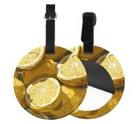 2 Piece Leather Suitcase Tags with Privacy Cover ID Label Travel Accessories Luggage Must Haves for Travel Bag Suitcase Gift for Women Men Boy Girl Bag Baggage (Round), Lemon in The Sun