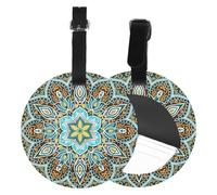 2 Piece Leather Suitcase Tags with Privacy Cover ID Label Travel Accessories Luggage Must Haves for Travel Bag Suitcase Gift for Women Men Boy Girl Bag Baggage (Round), Blue Mandala Flower