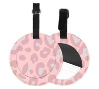 2 Piece Leather Suitcase Tags with Privacy Cover ID Label Travel Accessories Luggage Must Haves for Travel Bag Suitcase Gift for Women Men Boy Girl Bag Baggage (Round), Leopard Light Pink