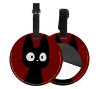 2 Piece Leather Suitcase Tags with Privacy Cover ID Label Travel Accessories Luggage Must Haves for Travel Bag Suitcase Gift for Women Men Boy Girl Bag Baggage (Round), Black Cat