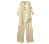2 Piece Linen Outfit Women Solid Long Sleeve Button Up Shirts + Wide Leg Trousers Lounge Wear Loose Activewear Ladies Tracksuits for Going Out Holiday Clearance Plus Size 8-22