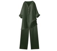 2 Piece Linen Outfit Women Solid Long Sleeve Button Up Shirts + Wide Leg Trousers Lounge Wear Loose Activewear Ladies Tracksuits for Going Out Holiday Clearance Plus Size 8-22