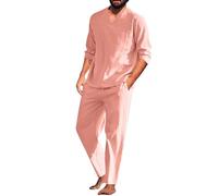 2 Piece Linen Outfits Men Clearance Solid Short Sleeve V Neck Blouses Tops and Drawstring Linen Trousers Suit Summer Cotton Linen Co Ord Set Fashion Gym Sport Beach Tracksuit S-XL Warehouse Deals