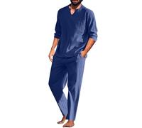 2 Piece Linen Outfits Men Clearance Solid Short Sleeve V Neck Blouses Tops and Drawstring Linen Trousers Suit Summer Cotton Linen Co Ord Set Fashion Gym Sport Beach Tracksuit S-XL Warehouse Deals