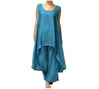 2 Piece Linen Outfits Women UK Clearance Plus Size 2 Piece Lounge Wear Oversized Sleeveless Asymmetric Dresses Casual Baggy Wide Leg Pants Homewear Elegant Trousers Sets Ladies Loungewear Suits
