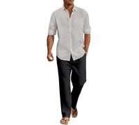 2 Piece Linen Set for Men, Summer Set Mens, Longsleeve Buttondown Shirt with Loose Fit Wide Leg Pants Lightweight Beach Suit Vacation Suit Summer Linen