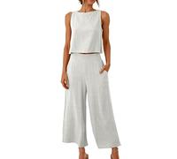 2 Piece Lounge Set for Women 2024 Summer Wide Leg Lounge Wear Sets Casual Elegant Tank Tops and Loose Cropped Pants Ladies Tracksuit Cotton Linen Plain Leisure Suits