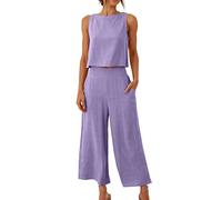 2 Piece Lounge Set for Women 2024 Summer Wide Leg Lounge Wear Sets Casual Elegant Tank Tops and Loose Cropped Pants Ladies Tracksuit Cotton Linen Plain Leisure Suits
