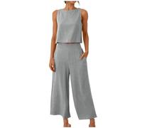 2 Piece Lounge Set for Women 2024 Summer Wide Leg Lounge Wear Sets Casual Elegant Tank Tops and Loose Cropped Pants Ladies Tracksuit Cotton Linen Plain Leisure Suits