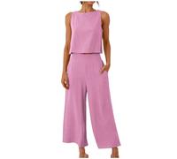 2 Piece Lounge Set for Women 2024 Summer Wide Leg Lounge Wear Sets Casual Elegant Tank Tops and Loose Cropped Pants Ladies Tracksuit Cotton Linen Plain Leisure Suits