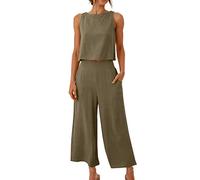 2 Piece Lounge Set for Women 2024 Summer Wide Leg Lounge Wear Sets Casual Elegant Tank Tops and Loose Cropped Pants Ladies Tracksuit Cotton Linen Plain Leisure Suits