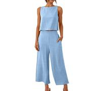 2 Piece Lounge Set for Women 2024 Summer Wide Leg Lounge Wear Sets Casual Elegant Tank Tops and Loose Cropped Pants Ladies Tracksuit Cotton Linen Plain Leisure Suits