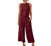 2 Piece Lounge Set for Women 2024 Summer Wide Leg Lounge Wear Sets Casual Elegant Tank Tops and Loose Cropped Pants Ladies Tracksuit Cotton Linen Plain Leisure Suits