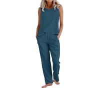 2 Piece Lounge Set for Women Cotton Linen Co Ord Sets Plus Size Sleeveless Round Neck Vest Tops & Wide Leg Trousers with Drawstring Loose Fit Casual Summer Holiday Travel Airport Outfits Dark Blue