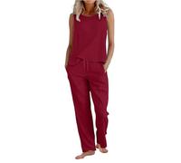 2 Piece Lounge Set for Women Cotton Linen Co Ord Sets Plus Size Sleeveless Round Neck Vest Tops & Wide Leg Trousers with Drawstring Loose Fit Casual Summer Holiday Travel Airport Outfits Wine
