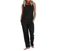 2 Piece Lounge Set for Women Cotton Linen Co Ord Sets Plus Size Sleeveless Round Neck Vest Tops & Wide Leg Trousers with Drawstring Loose Fit Casual Summer Holiday Travel Airport Outfits Black