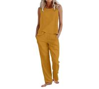 2 Piece Lounge Set for Women Cotton Linen Co Ord Sets Plus Size Sleeveless Round Neck Vest Tops & Wide Leg Trousers with Drawstring Loose Fit Casual Summer Holiday Travel Airport Outfits Gold