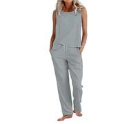 2 Piece Lounge Set for Women Cotton Linen Co Ord Sets Plus Size Sleeveless Round Neck Vest Tops & Wide Leg Trousers with Drawstring Loose Fit Casual Summer Holiday Travel Airport Outfits Grey