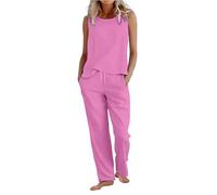 2 Piece Lounge Set for Women Cotton Linen Co Ord Sets Plus Size Sleeveless Round Neck Vest Tops & Wide Leg Trousers with Drawstring Loose Fit Casual Summer Holiday Travel Airport Outfits Hot Pink