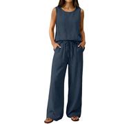 2 Piece Lounge Wear Sets for Women Summer Cotton Linen Co Ord Sets Plus Size Sleeveless Round Neck Vest Tops & Wide Leg Trousers with Drawstring Casual Holiday Travel Airport Outfits Dark Gray M