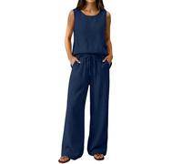 2 Piece Lounge Wear Sets for Women Summer Cotton Linen Co Ord Sets Plus Size Sleeveless Round Neck Vest Tops & Wide Leg Trousers with Drawstring Casual Holiday Travel Airport Outfits Navy M