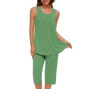2 Piece Loungewear Set for Women UK Clearance, Ladies Polka Dot Pyjama Sets Sleeveless Tank Tops Shirts and 3/4 Length Trousers Bottoms Pleated Sleepwear Comfortable Nightwear Gift for her Green