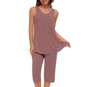 2 Piece Loungewear Set for Women UK Clearance, Ladies Polka Dot Pyjama Sets Sleeveless Tank Tops Shirts and 3/4 Length Trousers Bottoms Pleated Sleepwear Comfortable Nightwear Gift for her Pink