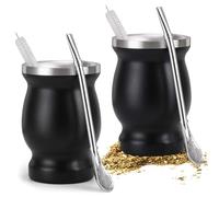 2 Piece Mate Mug, Mate Tea Cup Set with Spoon and Cleaning Brush, Stainless Steel MateTea Set, Yerba Mate Tea Cup Set, Dishwasher Safe and Durable for Kitchen, Cafe, Restaurant (Black)